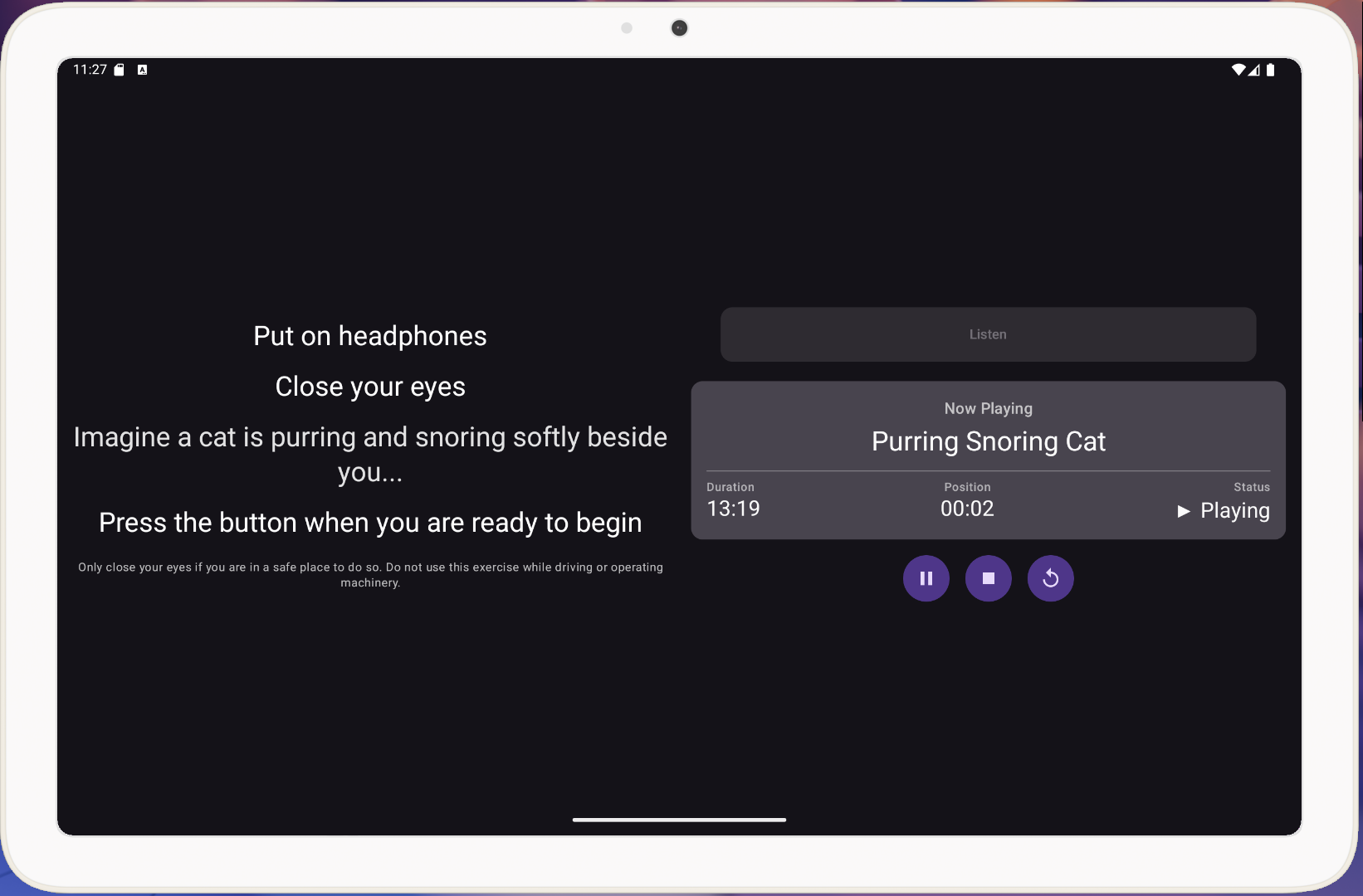 SubtleDistractions app screenshot showing cat purr experience